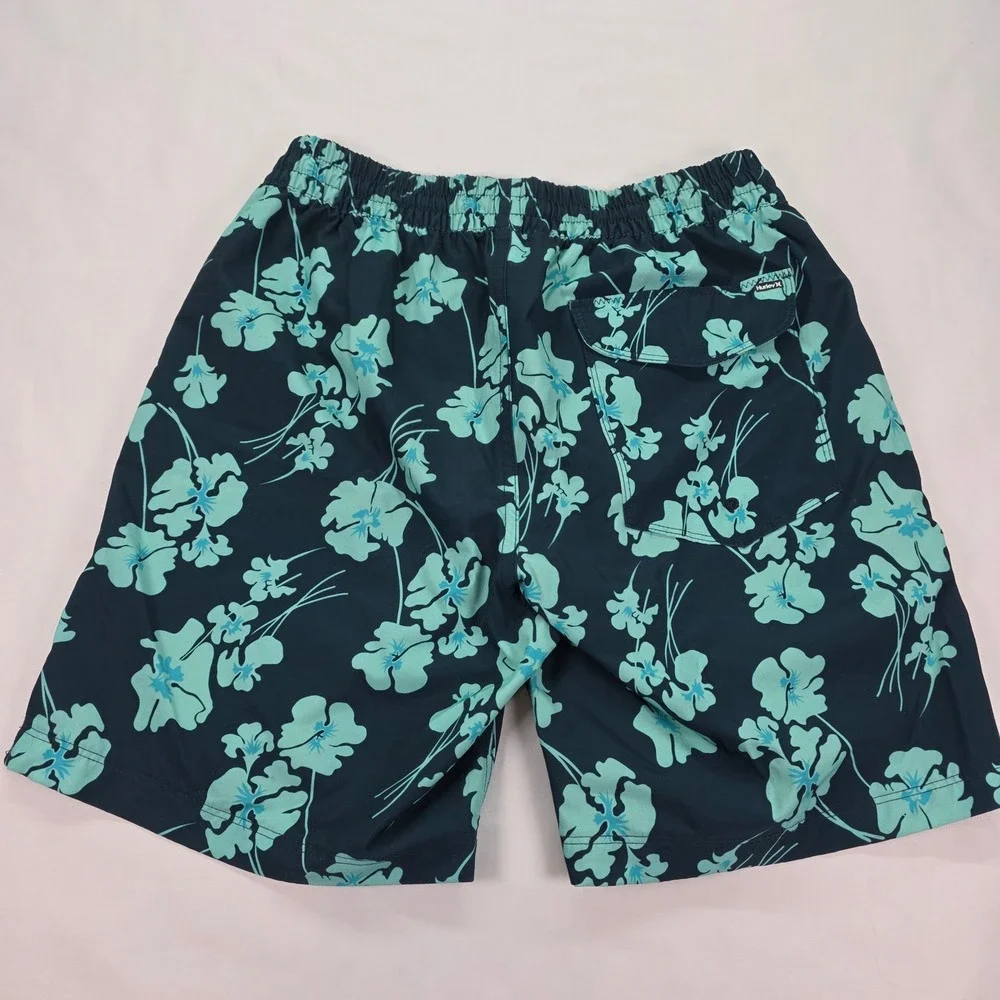 Hurley Mens Board Shorts Teal Floral Hibiscus Swim Trunks Navy Blue‎ Small 7in